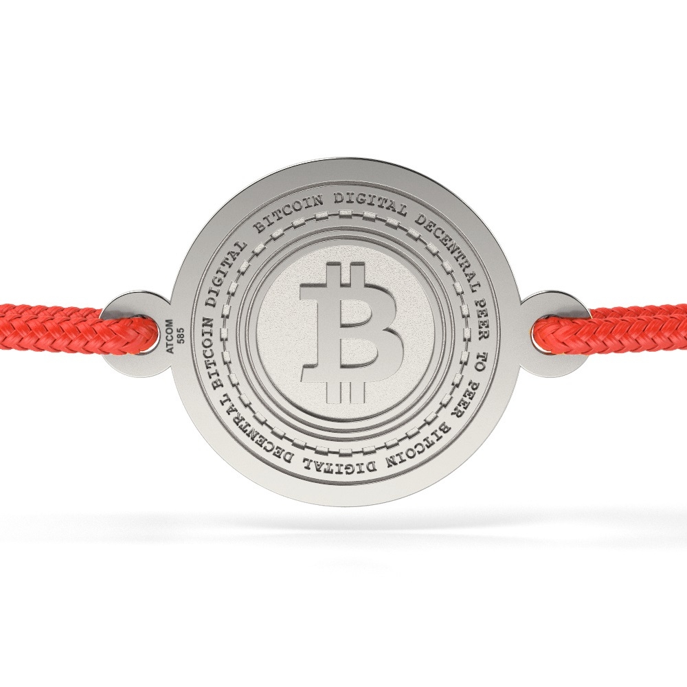 Bratarica din argint cu snur rosu model Bitcoin