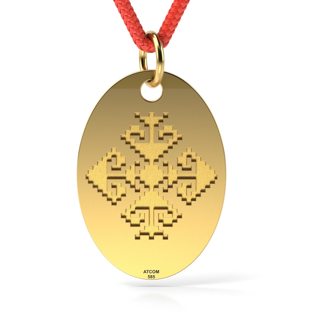 Pandantiv din aur galben cu snur rosu model Motive traditionale oval