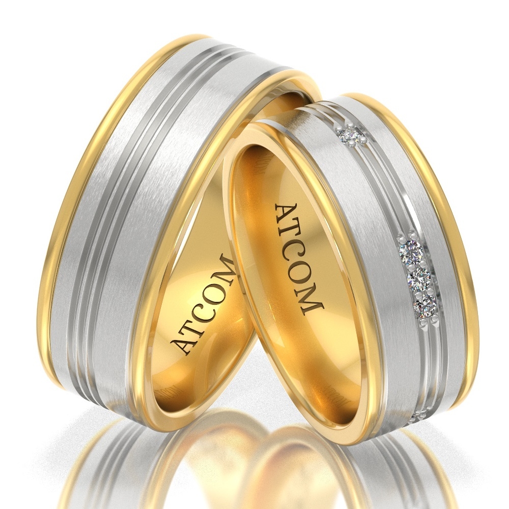 Verighete ATCOM ATC511 din aur galben cu alb incrustate cu 12 pietricele de zirconiu sau diamant.